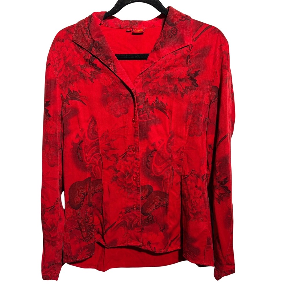 Tianello Red Floral Tencel Rayon Button Up Top USA Made Womens M Long‎ Sleeve